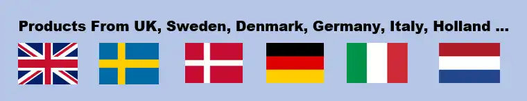 Flags showing countries products are from, UK, Sweden, Denmark, Germany, Italy and Holand